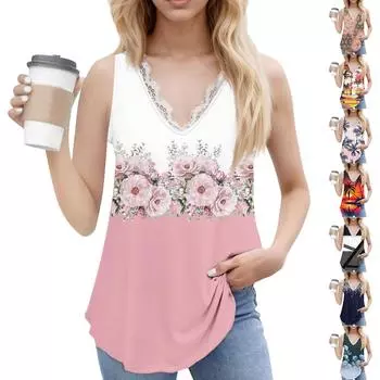 Женский повседневный модный топ без рукавов с V-образным вырезом и цветочным узором M тёмно-синий