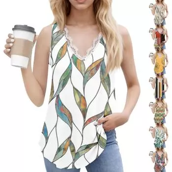 Женский повседневный модный топ без рукавов с V-образным вырезом и цветочным узором M оранжевый