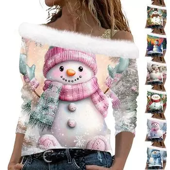 Женский повседневный модный топ с длинными рукавами и открытыми плечами с рождественским принтом из плюша M