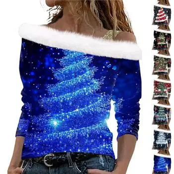 Женский повседневный модный топ с длинными рукавами и открытыми плечами с рождественским принтом из плюша L тёмно-синий