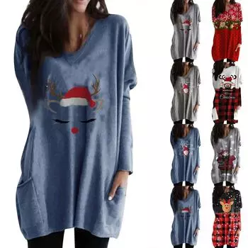 Женский повседневный модный топ с длинными рукавами и карманами средней длины с рождественским принтом Merry Christmas L синий