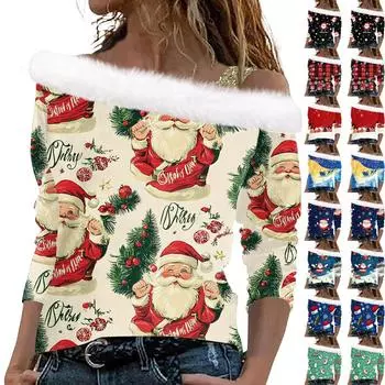 Женский повседневный модный топ с длинными рукавами и открытыми плечами с рождественским принтом из плюша XXL