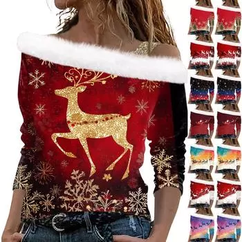 Женский повседневный модный топ с длинными рукавами и открытыми плечами с рождественским принтом из плюша M