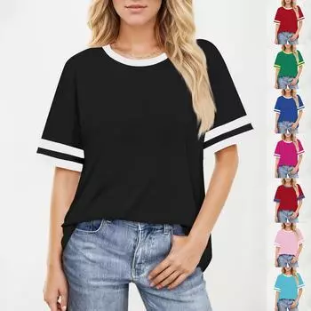 Женский повседневный модный топ с круглым вырезом и коротким рукавом в полоску L розовый