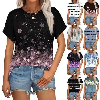 Женский повседневный модный топ с круглым вырезом и коротким рукавом с цветочным принтом L чёрный