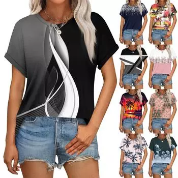 Женский повседневный модный топ с круглым вырезом и коротким рукавом с цветочным принтом L чёрный
