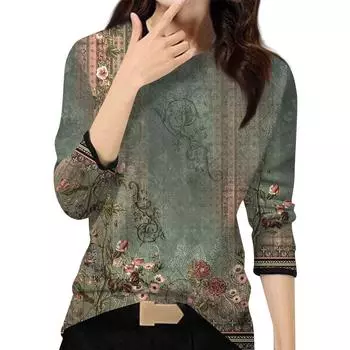 Женский повседневный модный топ с принтом, круглым вырезом и длинными рукавами, пуловер L армия зеленый