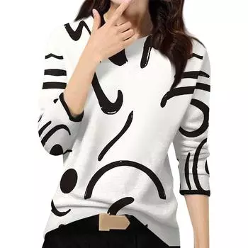 Женский повседневный модный топ с принтом, круглым вырезом и длинными рукавами, пуловер L бежевый
