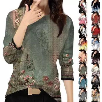 Женский повседневный модный топ с принтом, круглым вырезом и длинными рукавами, пуловер L