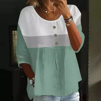 Женский повседневный модный топ с рукавом три четверти, свободного кроя, с круглым вырезом, на пуговицах, в клетку XXL