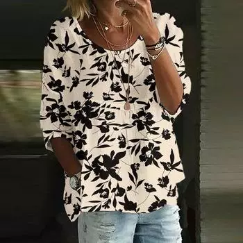 Женский повседневный модный топ с рукавом три четверти, свободного кроя, с круглым вырезом и цветочным принтом L бежевый