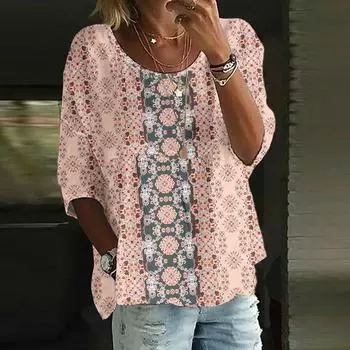 Женский повседневный модный топ с рукавом три четверти, свободного кроя, с круглым вырезом и цветочным принтом L бежевый