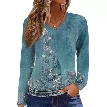 Женский повседневный модный топ с V-образным вырезом, регланом, плиссировкой, ретро-принтом и длинным рукавом L синий