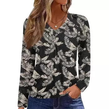 Женский повседневный модный топ с V-образным вырезом, рукавами реглан, плиссировкой и цветочным принтом, с длинным рукавом L