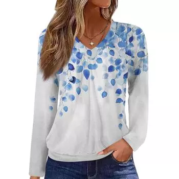 Женский повседневный модный топ с V-образным вырезом, рукавами реглан, плиссировкой и цветочным принтом, с длинным рукавом L циан