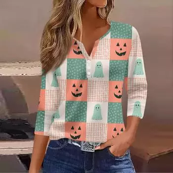 Женский повседневный модный топ с V-образным вырезом, свободного кроя, универсальный, с принтом на Хэллоуин, с рукавом три четверти L