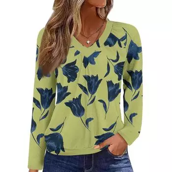 Женский повседневный модный топ с V-образным вырезом, рукавами реглан, плиссировкой и цветочным принтом, с длинным рукавом L жёлтый