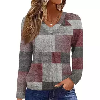 Женский повседневный модный топ с V-образным вырезом, рукавами реглан, плиссировкой и клетчатым принтом S винный