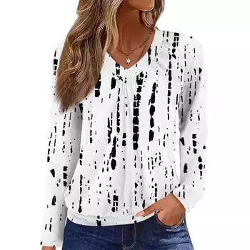 Женский повседневный модный топ с V-образным вырезом, рукавами реглан, плиссировкой и цветочным принтом, с длинным рукавом L чёрный