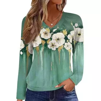 Женский повседневный модный топ с V-образным вырезом, рукавами реглан, плиссировкой и цветочным принтом, с длинным рукавом L зелёный