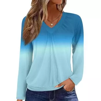 Женский повседневный модный топ с V-образным вырезом, регланом, плиссировкой, однотонный, с длинным рукавом L синий