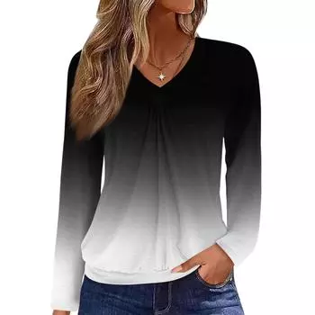 Женский повседневный модный топ с V-образным вырезом, регланом, плиссировкой, однотонный, с длинным рукавом L чёрный