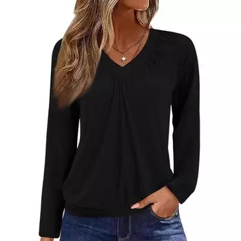Женский повседневный модный топ с V-образным вырезом, регланом, плиссировкой, однотонный, с длинным рукавом L чёрный