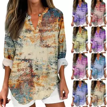 Женский повседневный модный топ с v-образным вырезом и принтом, футболка с длинными рукавами, топ