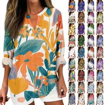 Женский повседневный модный топ с v-образным вырезом и принтом, футболка с длинными рукавами, топ