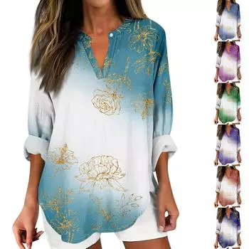 Женский повседневный модный топ с v-образным вырезом и принтом, футболка с длинными рукавами, топ L циан