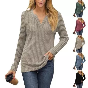 Женский повседневный модный трикотажный пуловер с V-образным вырезом и длинными рукавами L чёрный