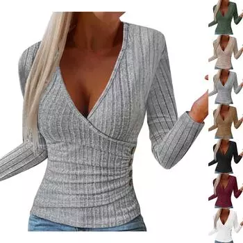 Женский повседневный модный трикотажный пуловер с V-образным вырезом и длинными рукавами L чёрный