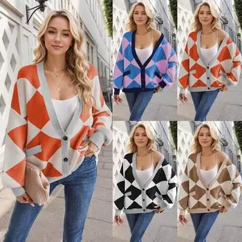 Женский повседневный модный удобный кардиган с длинным рукавом, уличный тренд, геометрический вязаный свитер L чёрный