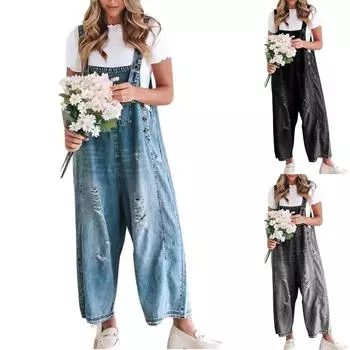 Женский повседневный модный удобный комбинезон с карманами M синий