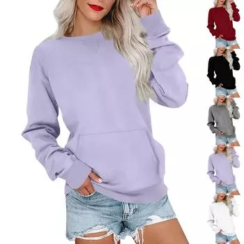 Женский повседневный модный удобный однотонный свитер с длинными рукавами и карманами с круглым вырезом, топы S чёрный