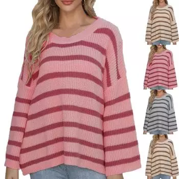 Женский повседневный модный удобный полосатый свитер контрастного цвета с пуговицами, свободный свитер с рукавами-трубой One Size хаки