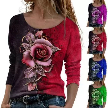 Женский повседневный модный удобный пуловер с длинным рукавом и круглым вырезом с принтом S синий