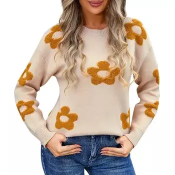 Женский повседневный модный удобный пуловер с круглым вырезом контрастного цвета с цветочным принтом и длинным рукавом уличный тренд вязаный свитер XL хаки