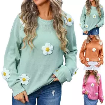 Женский повседневный модный удобный пуловер с круглым вырезом контрастного цвета с цветочным принтом и длинным рукавом уличный тренд вязаный свитер M