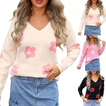 Женский повседневный модный удобный пуловер с v-образным вырезом контрастного цвета с цветочным принтом и длинным рукавом уличный тренд вязаный свитер L бежевый