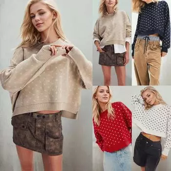 Женский повседневный модный удобный свитер с круглым вырезом и узором в виде сердца, длинный рукав, уличный тренд, вязаный свитер L хаки