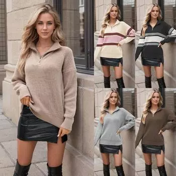 Женский повседневный модный удобный свитер с высоким воротником и молнией, длинный рукав, уличный тренд, вязаный свитер L розовый