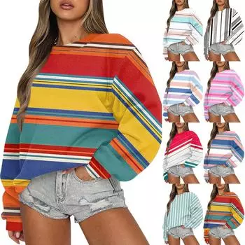 Женский повседневный модный удобный свободный свитер с круглым вырезом и длинными рукавами с разноцветным принтом XXL