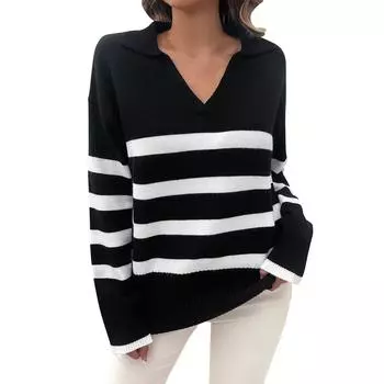 Женский повседневный модный удобный свободный свитер в полоску с контрастными лацканами L чёрный