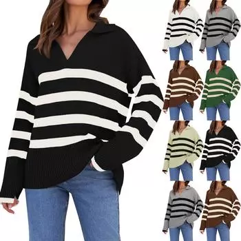 Женский повседневный модный удобный темпераментный свободный свитер в полоску с цветным лацканом L бежевый