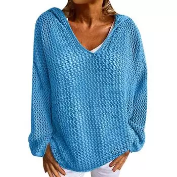 Женский повседневный модный удобный внешний трикотажный свитер с капюшоном, тонкий свободный, однотонный, с вырезом L синий