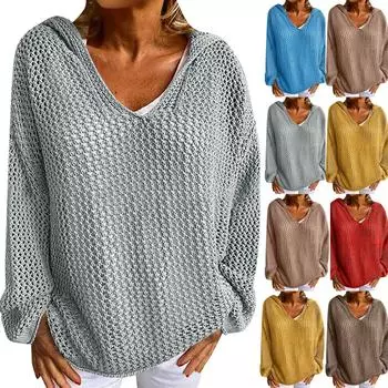 Женский повседневный модный удобный внешний трикотажный свитер с капюшоном, тонкий свободный, однотонный, с вырезом L синий