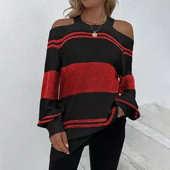 Женский повседневный модный вязаный свитер контрастного цвета с длинными рукавами XL чёрный