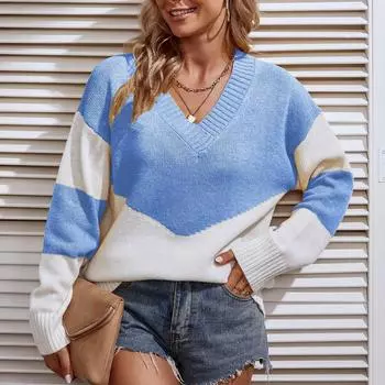 Женский повседневный модный вязаный свитер контрастного цвета с длинными рукавами 2022 M