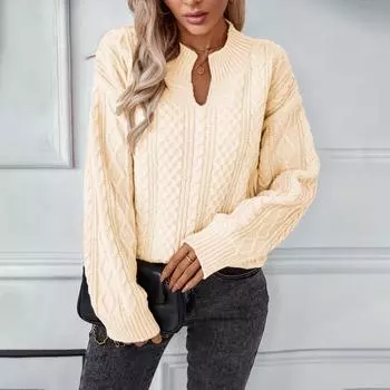 Женский повседневный модный вязаный свитер с длинными рукавами S бежевый